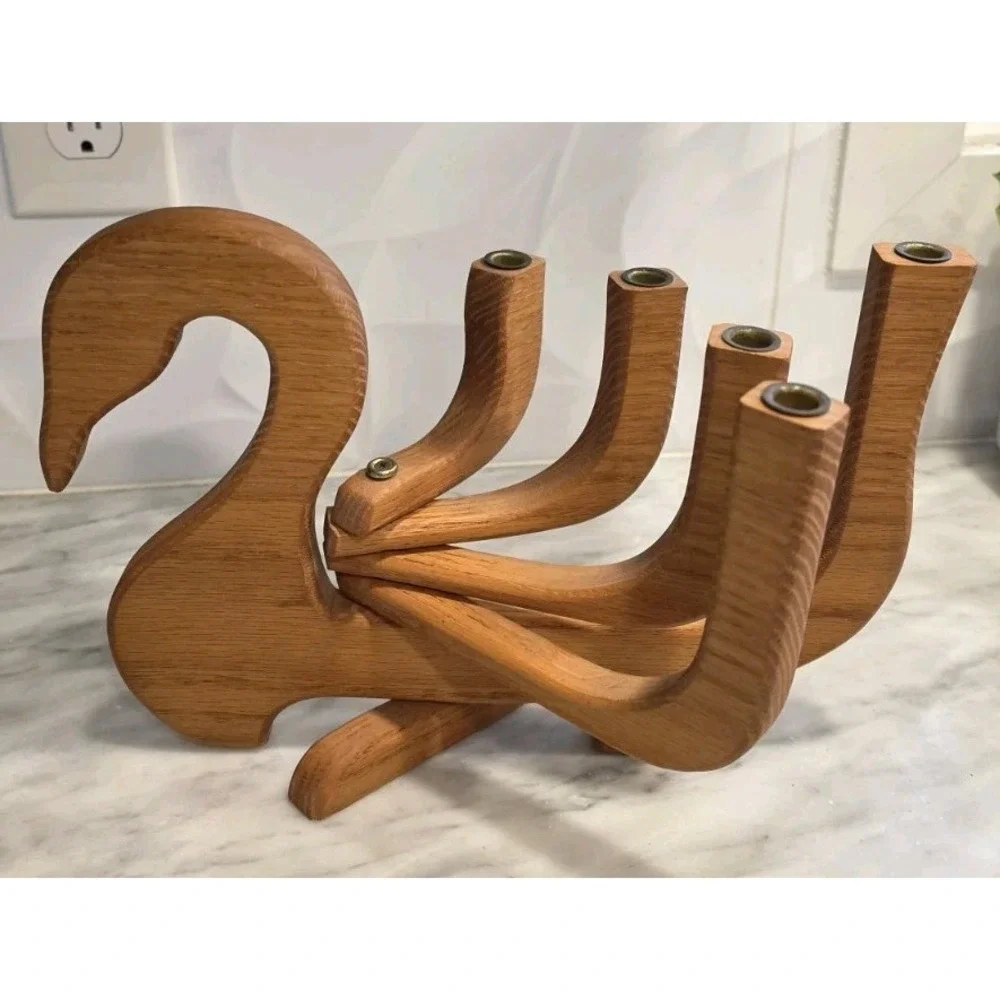 Vintage Mid-Century Modern Wooden Swan Folding Candelabra